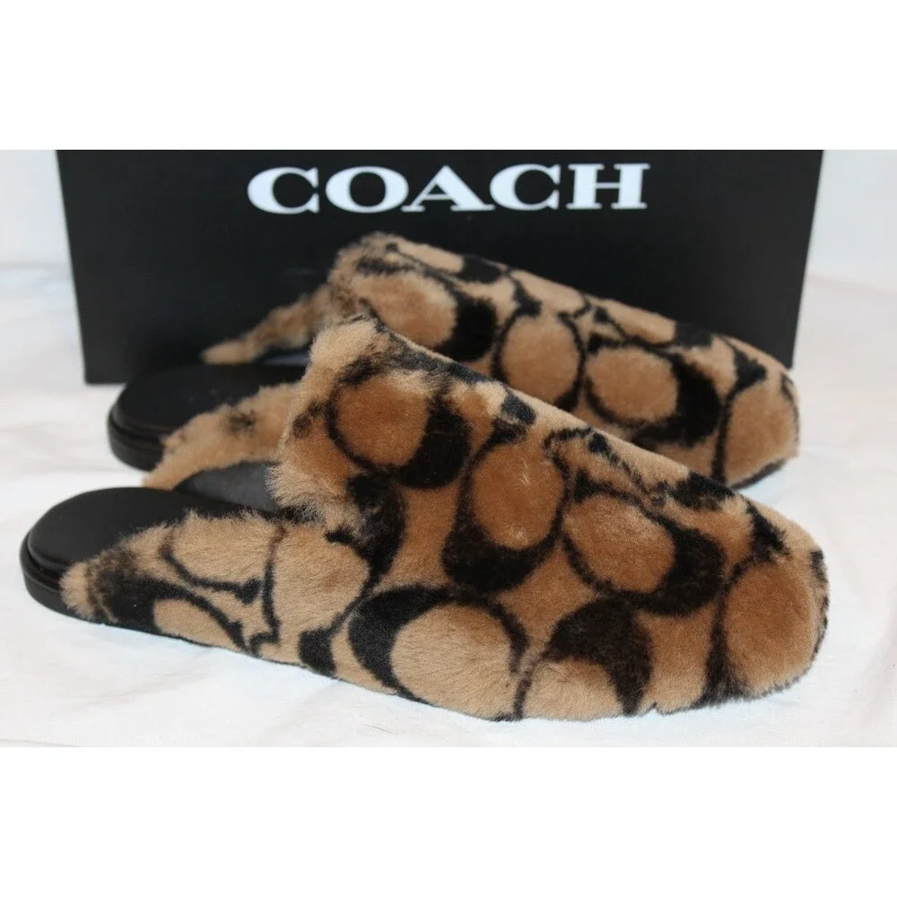 Coach Women's Signature Clog Shearling Slippers Coconut Black NIB - Picture 2 of 6